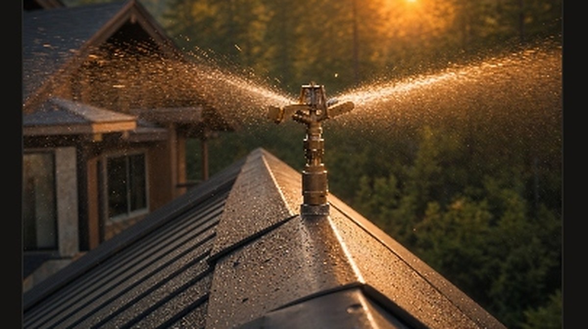 Pre-Fire ember dousing sprinkler spraying water across a metal roof at golden hour
